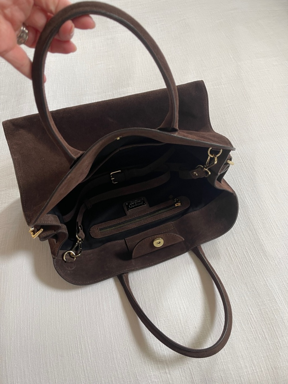 Structured Dark Brown Suede Satchel Handbag - Picture 3 of 7